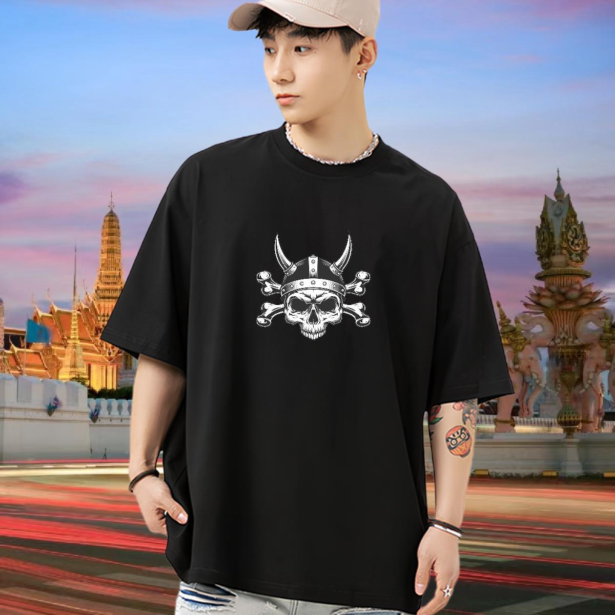 Classic Mens T Shirts 230g Cotton skull Street Wear Anime Print Crew Neck Breathable Men Tees Classic Casual Tops Shirt