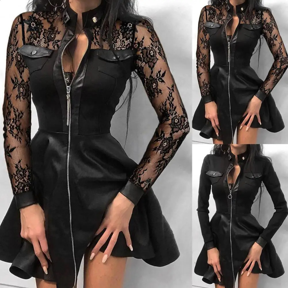 Fashion Dresses Women Lace Long Sleeve Zipper Pocket Large Hem Faux Leather Mini Dress Party elegant slim Sexy Women Dress 240823