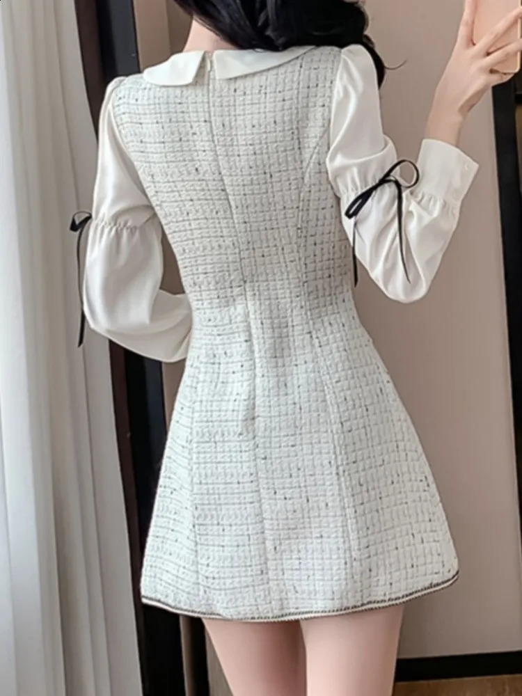 Elegant Patchwork Short Dresses for Women Vintage Long Sleeve Tweed Birthday Party Evening Dresses Korean Autumn Female Vestidos 240824