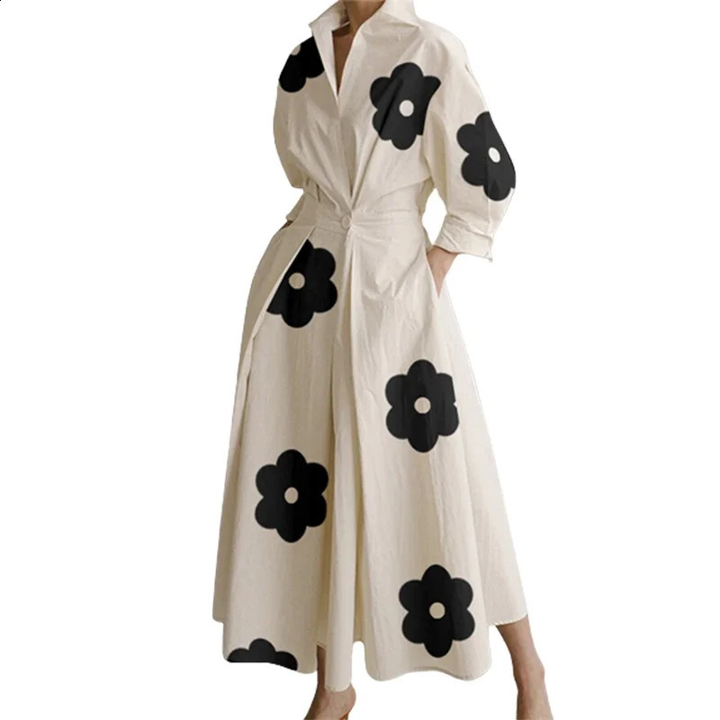 Krisnana Womens Fashion Floral Printed Lapel Elegant Party Evening Dress Spring Long Sleeve Pleated Casual A-Line Midi Dresses 240824