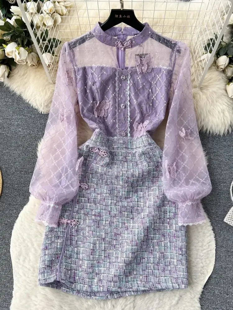 French Sweet Small Fragrance Lace Mesh Stitching Tweed Dress Women Elegant Long Sleeve Butterfly Embroidery Chic Short Vestidos 240824