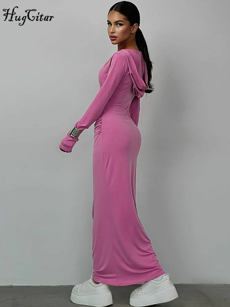 Hugcitar Solid Hoodies V Neck Long Sleeve Draped Sexy Slim Maxi Dress Winter Women Fashion Y2K Outfits Streetwear Party 240823