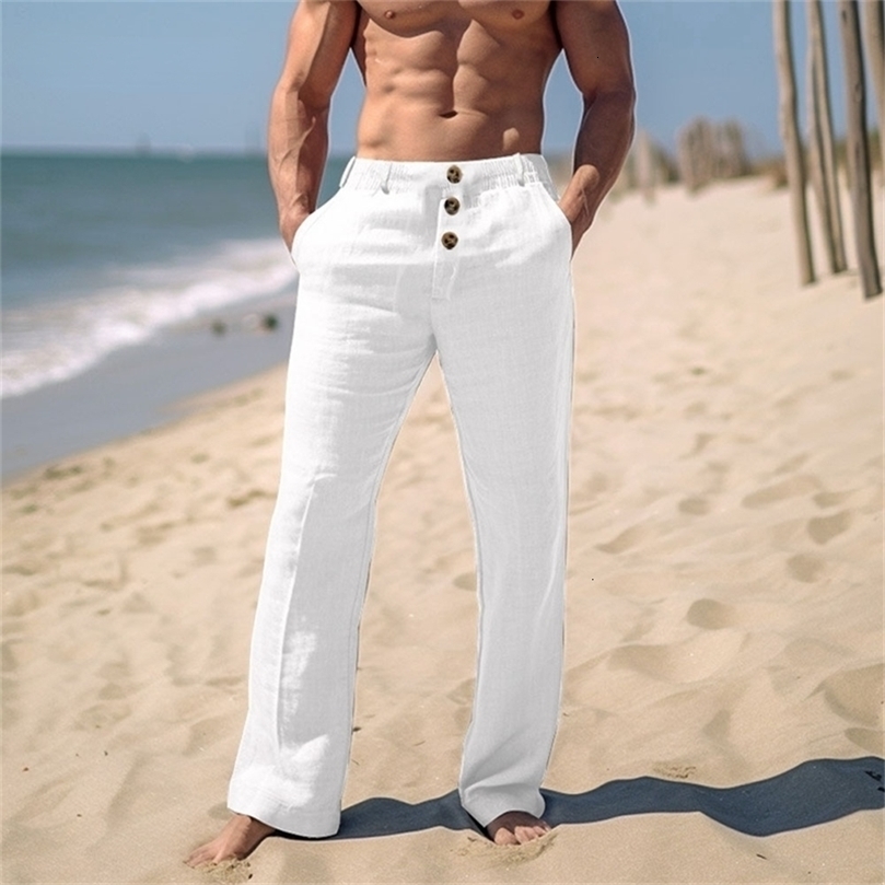 Men Elegant Triple Buttons Cotton Linen Pants Solid White Full-Length Trouser Plus Size Mens Casual Drawstring Sweatpants 240823CJ