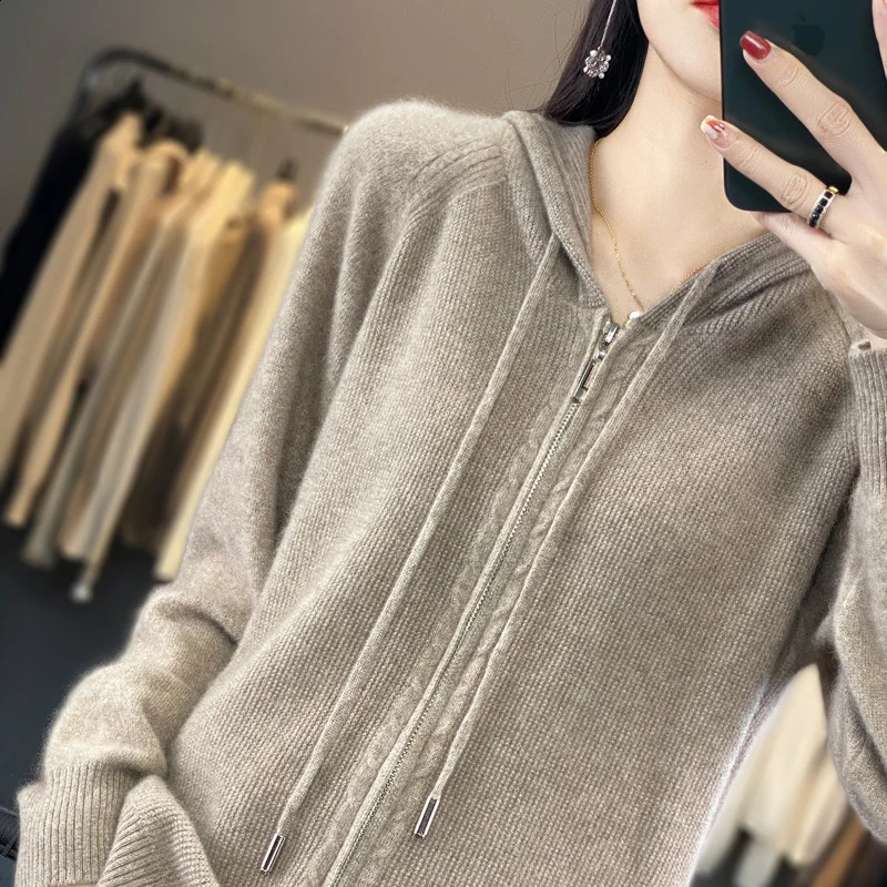 100% Cashmere Sweater For Women Hooded Zippered Cardigan Fashion Cashmere Sweater Women Leisure Sweater Autumn And Winter 240824