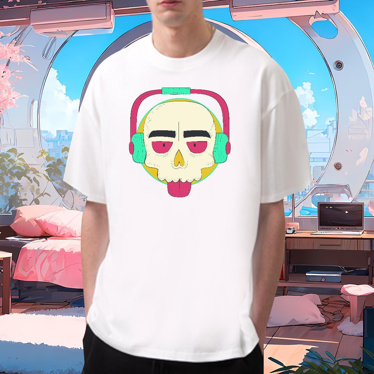 Loose Fit T-Shirts 230g Pure Cotton skull Street wear Hip Hop Cartoon Printing L-4XL Crew Neck Breathable Men Tops Tees DIY Customized Tees Shirts
