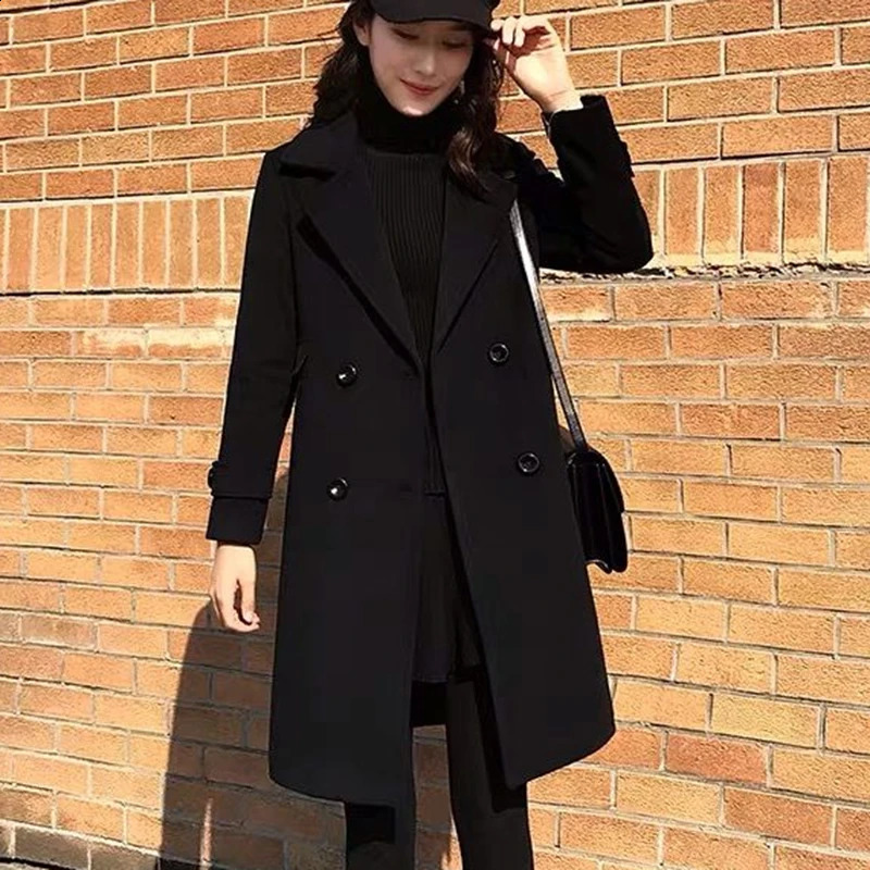 Women Autumn Winter Black Woolen Coat Female Suit Collar Korean Fashion Wool Blend Overcoat Mid Length Add Cotton Warm Jacket 240823