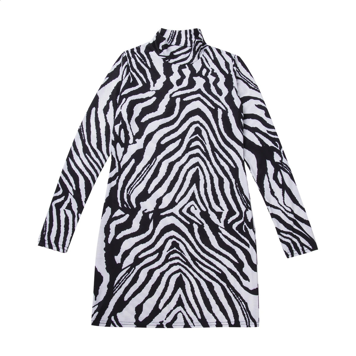Sexy Women Zebra-Stripe Dresses Long Sleeve High Neck Stretch Bodycon Party Slim Mini Dress 240823