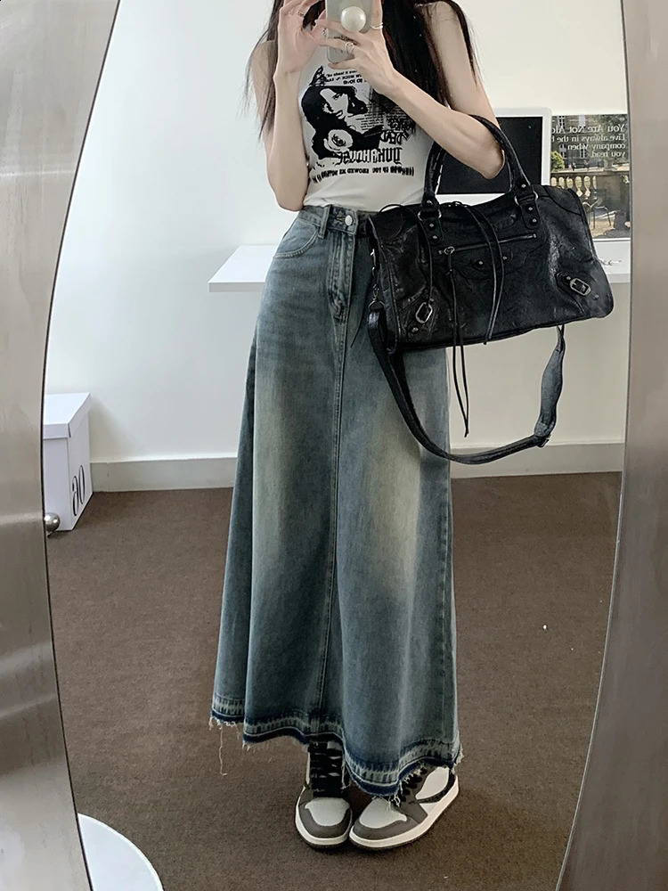REDDACHiC Y2k Raw Edge Stitch Maxi Denim Skirt Plain Casual High Waist Long Jeans Skirt Korean Dongdaemun Retro Women Streetwear 240823