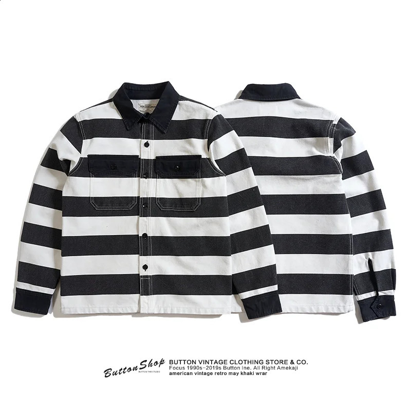 Autumn American Retro 16oz Heavy duty Prisoner Striped Jacket Mens Fashion Pure Cotton Washed Thick Canvas Motorcycle 240823