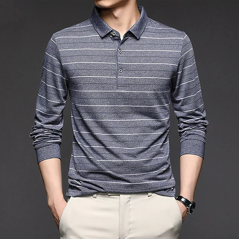 Streetwear Fashion Men Striped Polo Shirts Spring Autumn Long Sleeve Business Office Lapel Male Clothes Basic Casual Loose Tops 240824