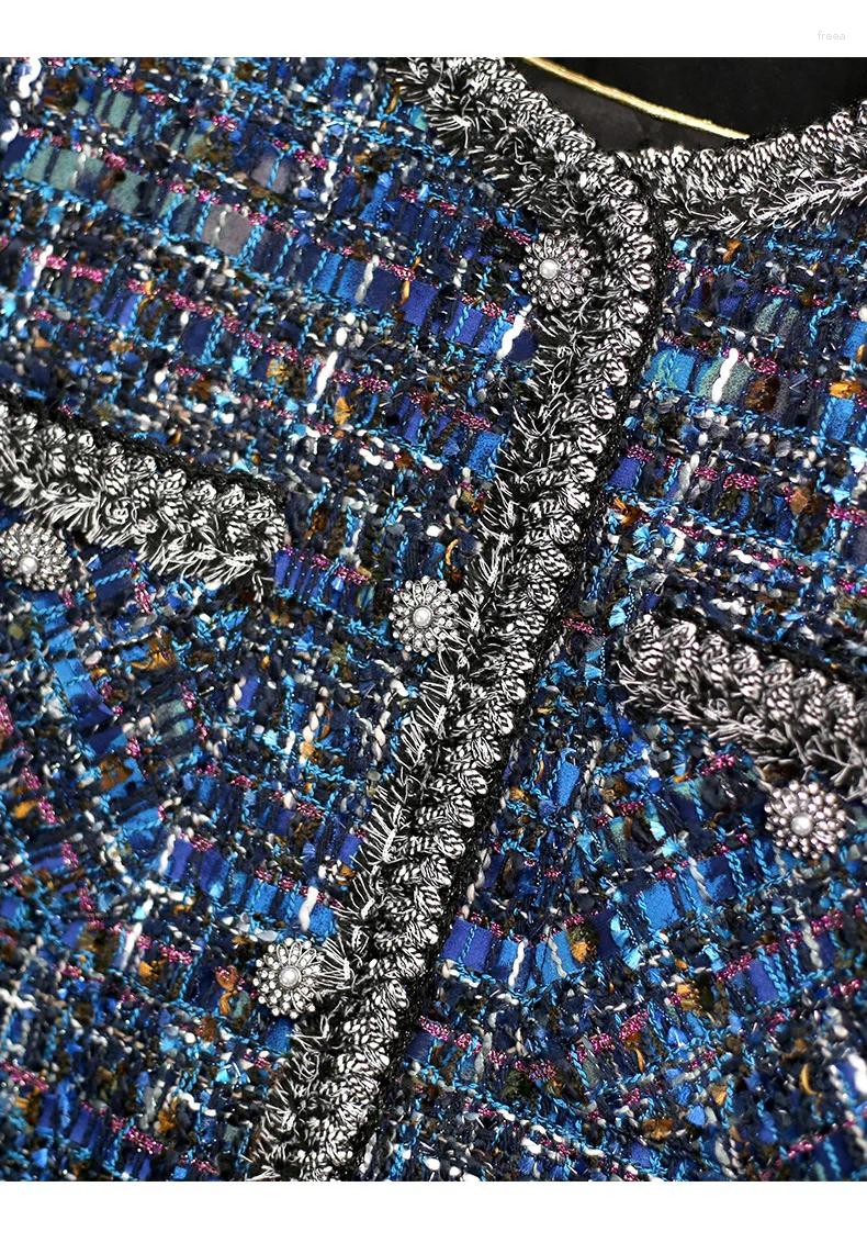 Women's Jackets Blue Tweed Jacket For Spring/autumn/winter Top Small Fragrant Style High-end Socialite Classic