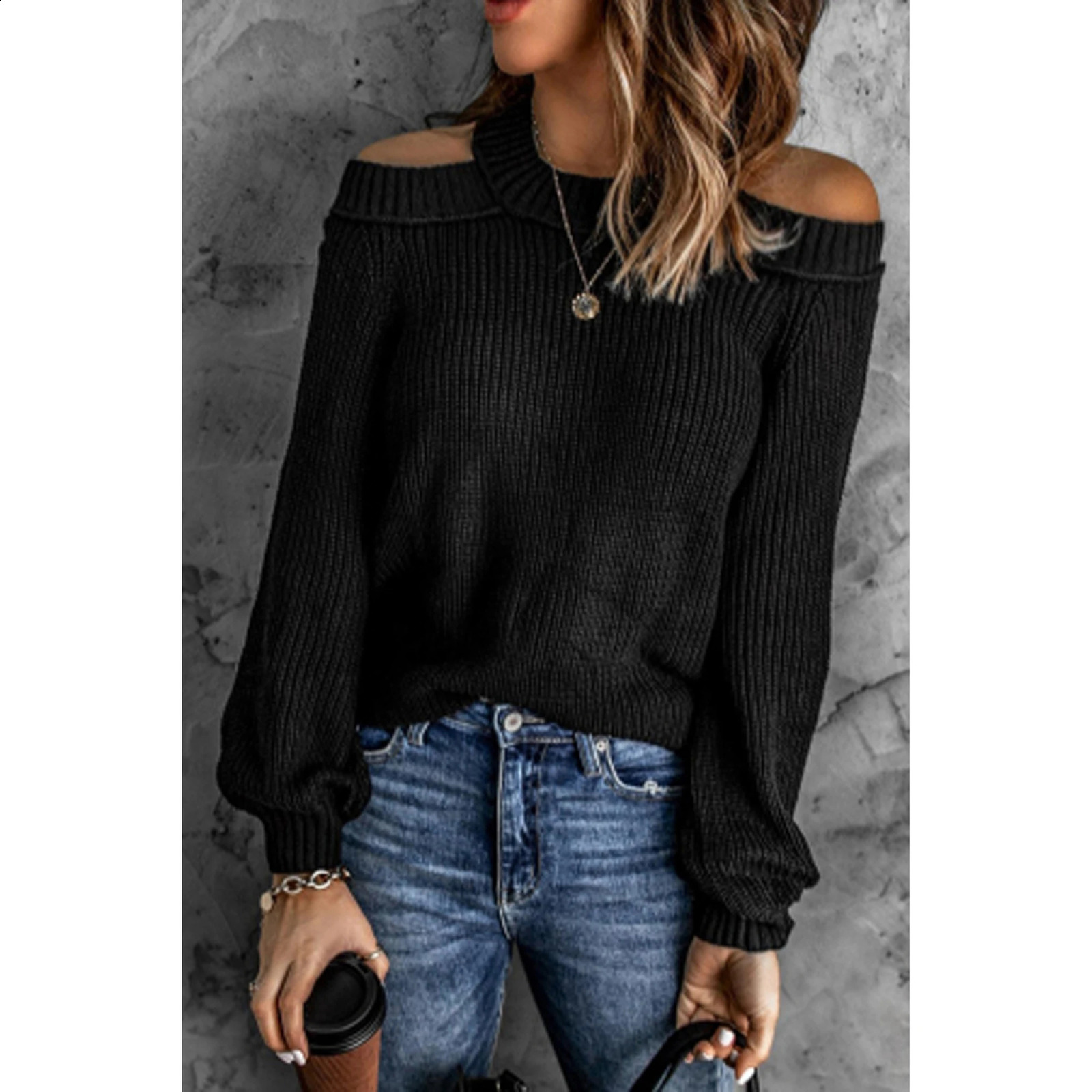 Solid Crew Neck Off Shoulder Pullover Sweater Casual Long Sleeve Backless Sweater For Fall Winter Womens Clothing 240824