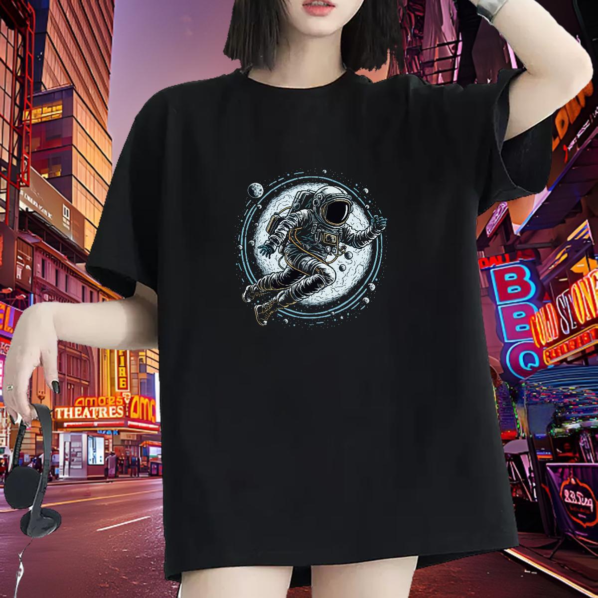 Female Women Tshirts 100% Cotton 230g universe Daily Outfit T Shirt For Woman Breathable Crew Neck Floral Print Tops