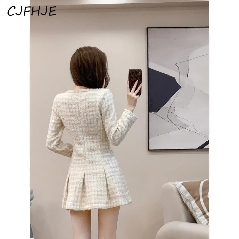 CJFHJE Women Korean Fragrant Style Slim Fit Fashion Casual Long Sleeve Thick Tweed Dress Retro Elegant Womens Dresses 240824