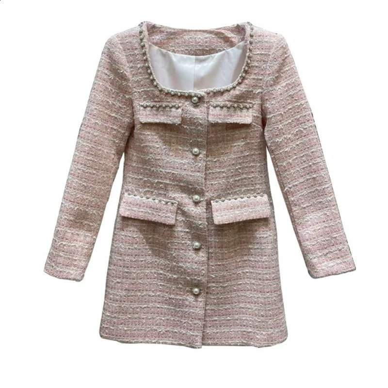 Long-sleeved Elegant Dress Party Women Spring Autumn Square Collar Nail Bead Tweed Sweet Korea High Quality Pink Mini Dresses 240824