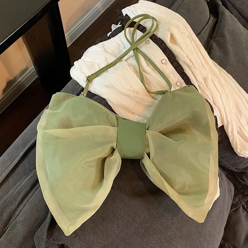 Summer Girl Handbags Fashion Cute Black White Green Chiffon Big Bow Shoulder Crossbody Bag For Women Daily Shopping Handbag 240823