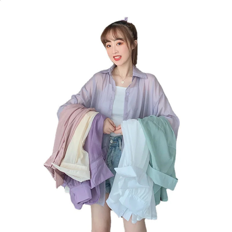 Sun Proof Shirts Women Oversized Sheer Sunscreen Blouses Harajuku Korean Beach Holiday White Long Sleeve Sunscreen Long Blouse 240823