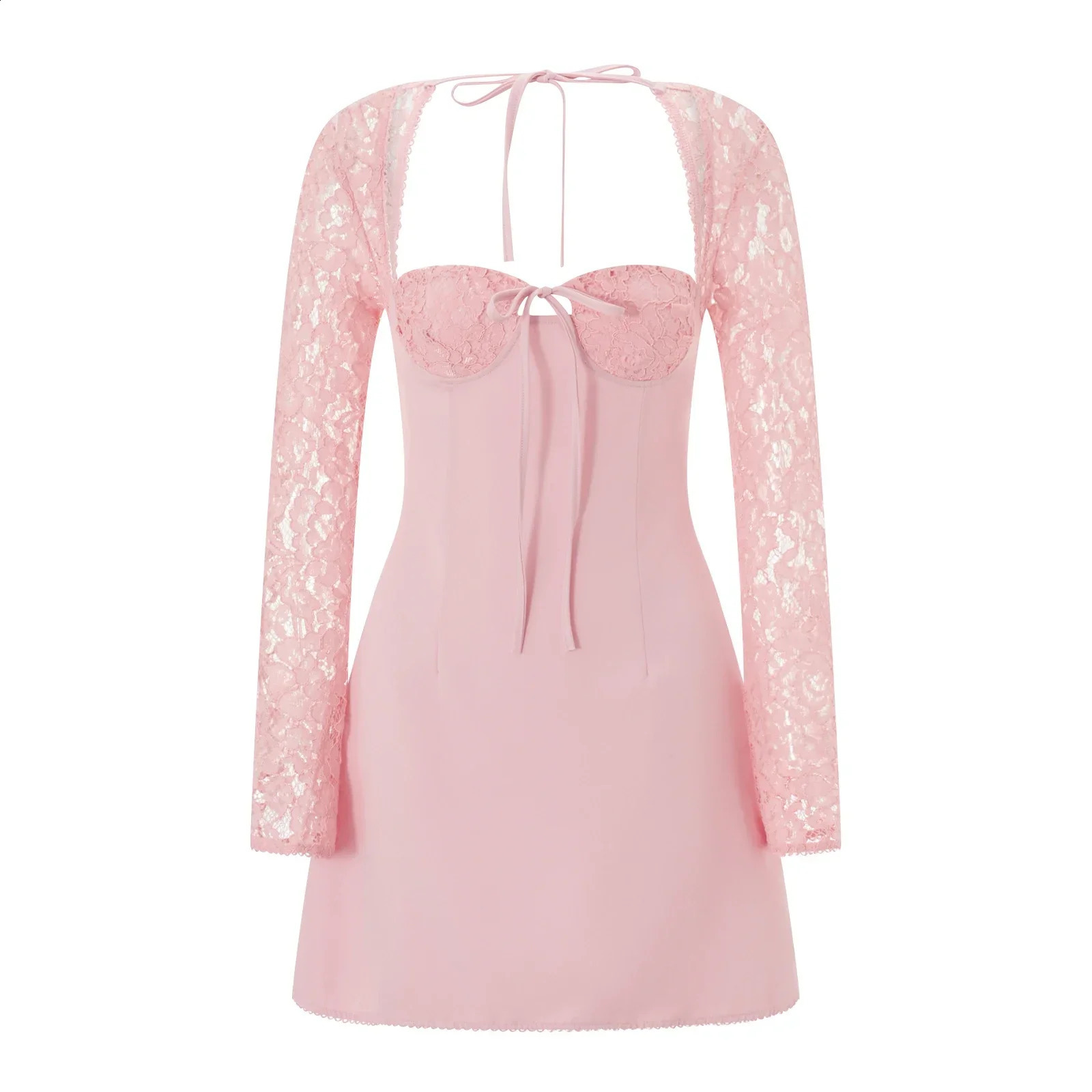 Womens Elegant Lace Patchwork Long Sleeve Mini Dress Y2k Square Neck High Waist Backless Tie Up Slim Fit A-line Dress 240823