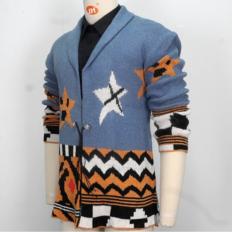 Mens casual sweater jacket autumn and winter jacquard knitted collar medium to long cardigan 240824