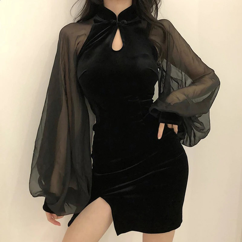 Autumn Womens Cheongsam Dress Side Split Lantern Sleeve Slim Fit Long Sleeves Dress Mandarin Collar Y2K 240823