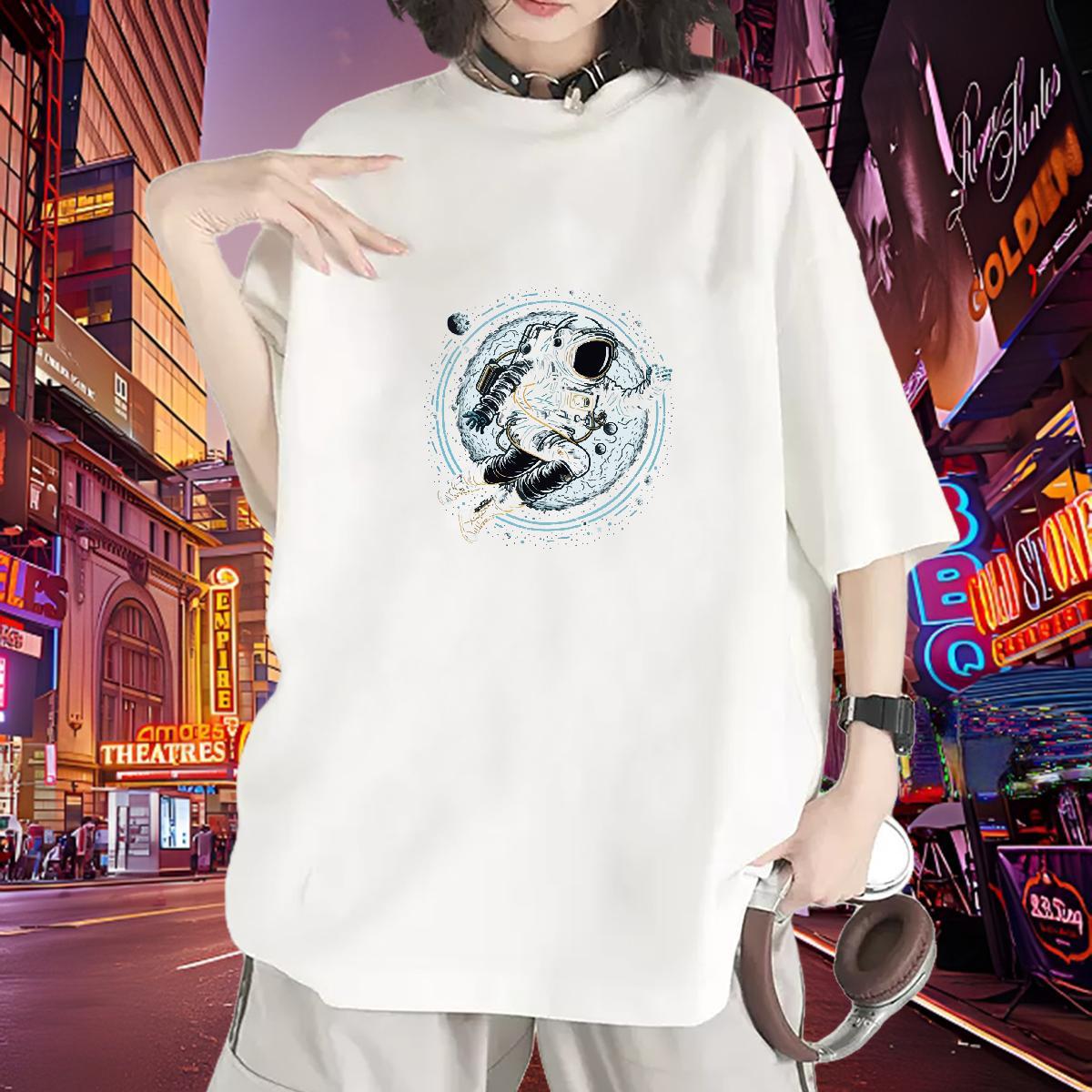Female Women Tshirts 100% Cotton 230g universe Daily Outfit T Shirt For Woman Breathable Crew Neck Floral Print Tops
