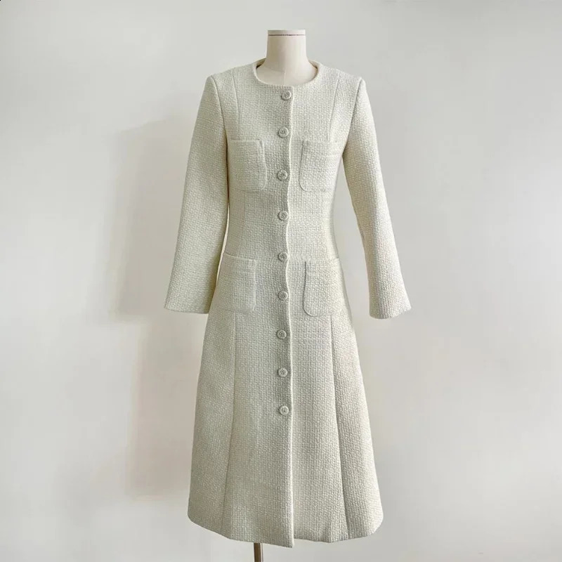 NMZMWomen French Small Fragrant Round Collar Chic Single-breasted High Quality Long Sleeve Vintage Tweed Korean Midi Dress 240824