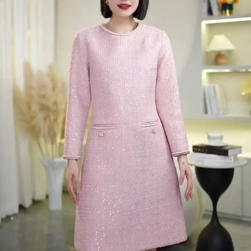 Autumn Winter Elegant Sequins Tweed Dress For Women Long Sleeve High Waist Celebrity Slim Mini Party Vestidos 150P 240824