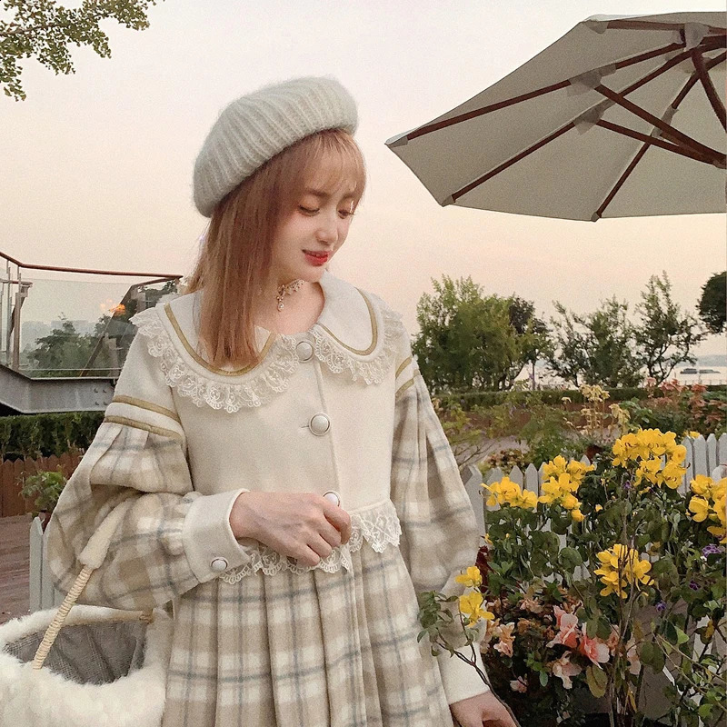 BOBON21 Winter Korean doll collar Long Sleeve Dress hit color patchwork single breasted mid-long tweed Dress C1959 240824