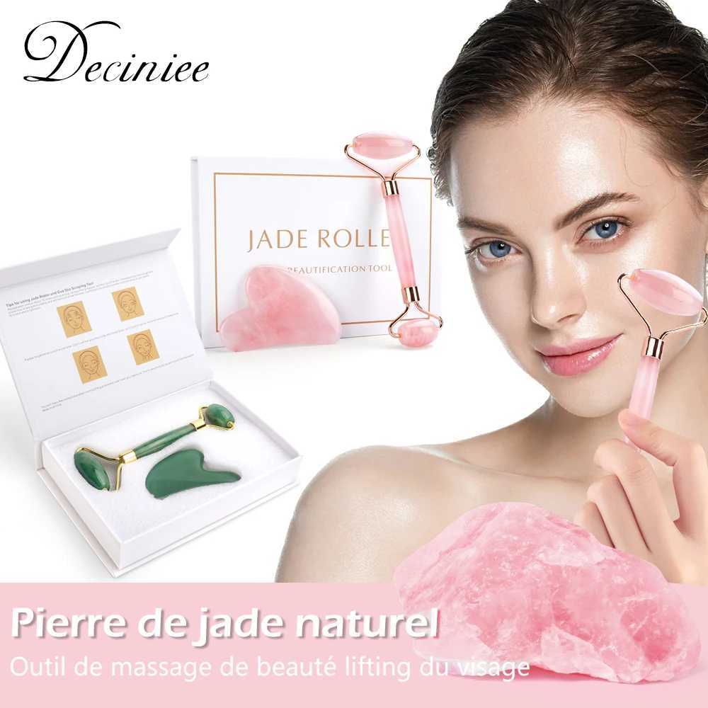 Natural Rose Quartz Jade Roller Gua Sha Set Facial Body Massager Roller Jade Stone Massage Set Face Lifting Beauty Massage Tools CL240824