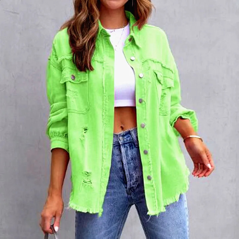 Women Pocket Hole Tassel Turndown Collar Denim Button Casual Boho Full Long Sleeve Spring Winter Cardigan Jacket Coats Outerwear 240824