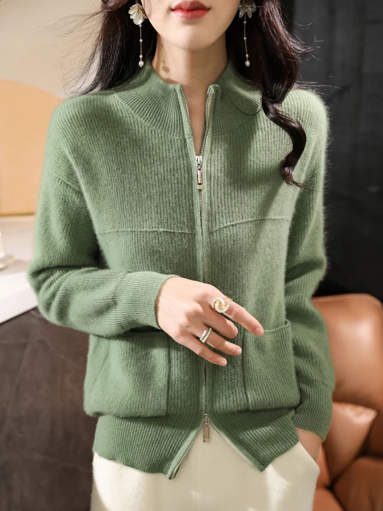 Women Zipper Cardigan Autumn Winter Thick Mock Neck Long Sleeve Cashmere Sweater 100% Merino Wool Knitwear Korean Tops 240824