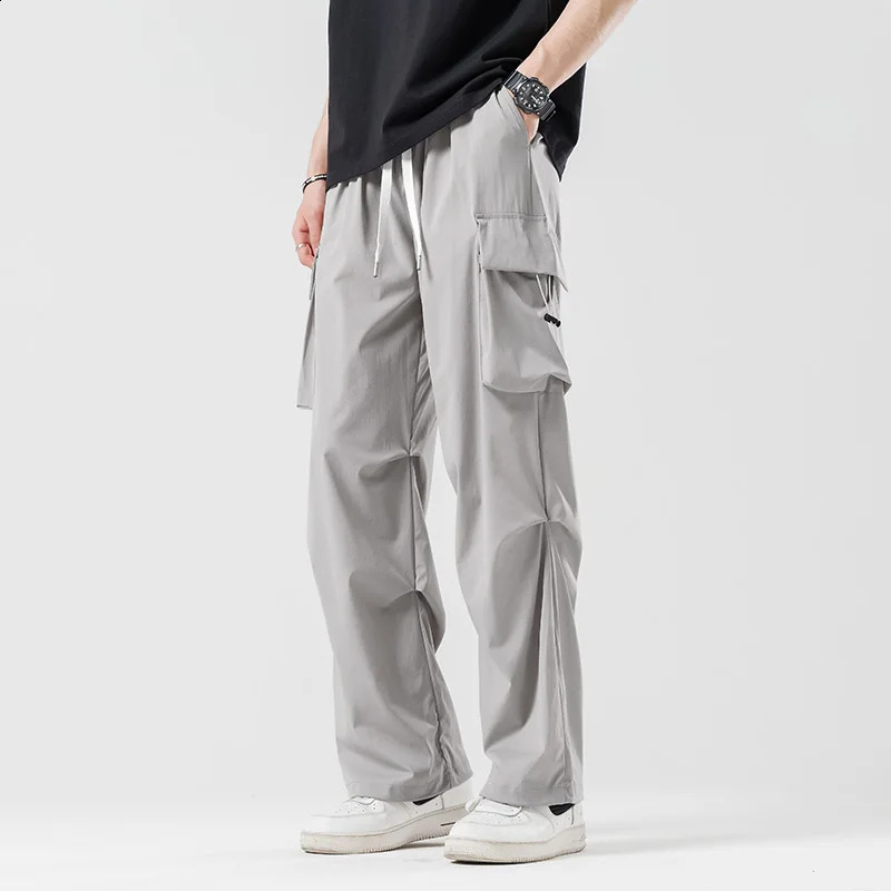 SpringSummer Mens Solid Color Drawback Elastic Waist Sports Neutral Outdoor Straight Leg Casual Cargo Pants 240823