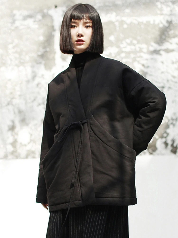 EAM Spring Vneck Long Sleeve Black Loose Short Bandage Cotton Pad Large Size Coat Womens Fashion JK133 240823