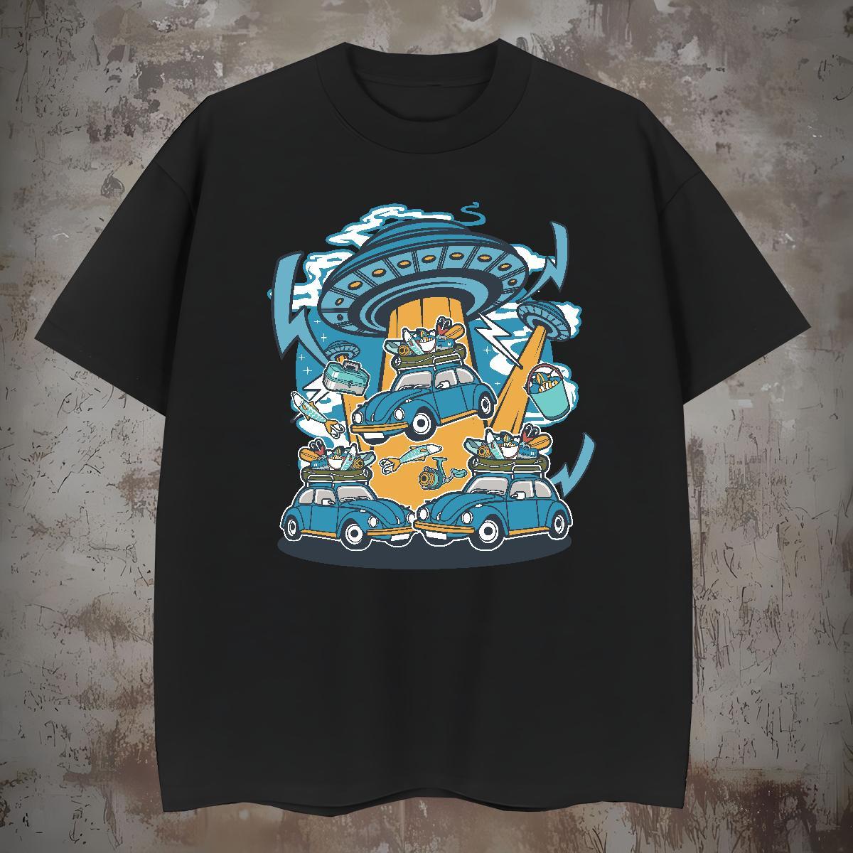 Loose Fit Man T Shirts 230g Cotton UFO Summer Casual Cartoon Print Short Sleeve O-Neck Men Tops Tees Wholesale Polos