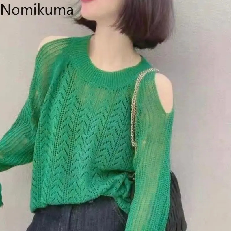 Korean Sweater for Women Long Sleeve O-neck Thin Jumper Sueter Mujer Off Shoulder Fashion Hollow Out Knitted Thin Pullovers Tops 240824