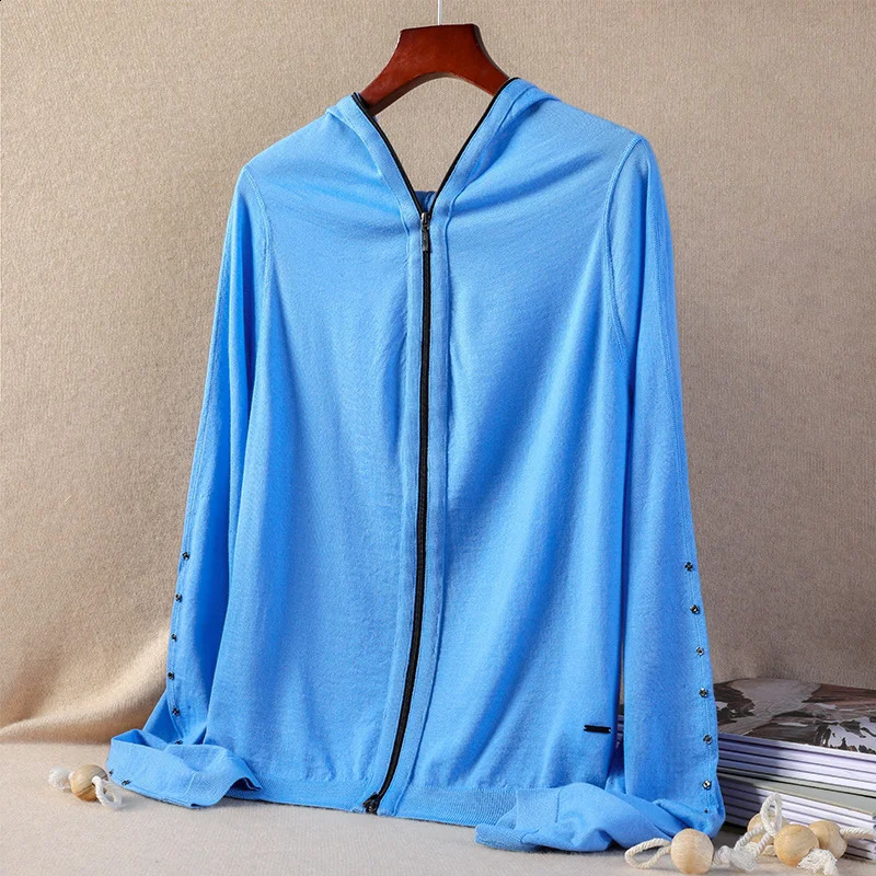 Superfine wool sweater womens thin worsted hooded zipper Merino hoodie cardigan knitted coat European goods explosion 240824