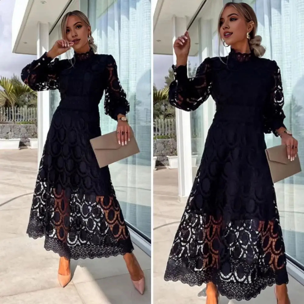 French inspired evening gown elegant lace maxi dress with bubble sleeves stand up collar womens hollow tight waist 240824
