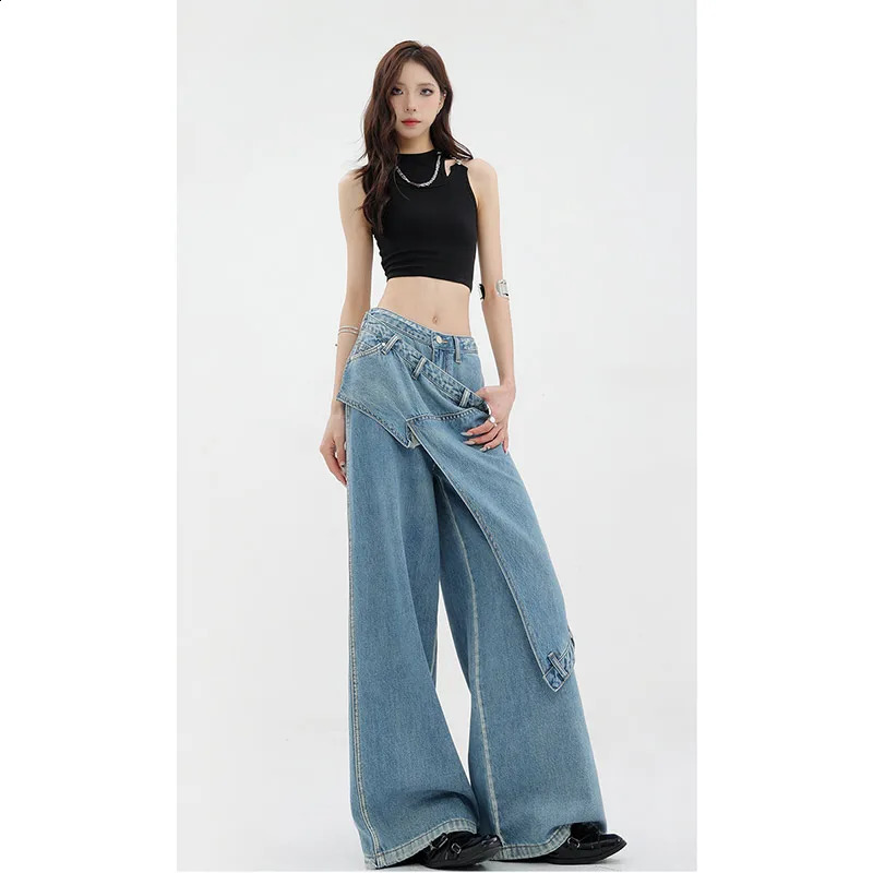 Womens blue Y2k low rise patch work denim bag Harajuku Trouser jeans retro 90s aesthetics 2000s clothing 240823