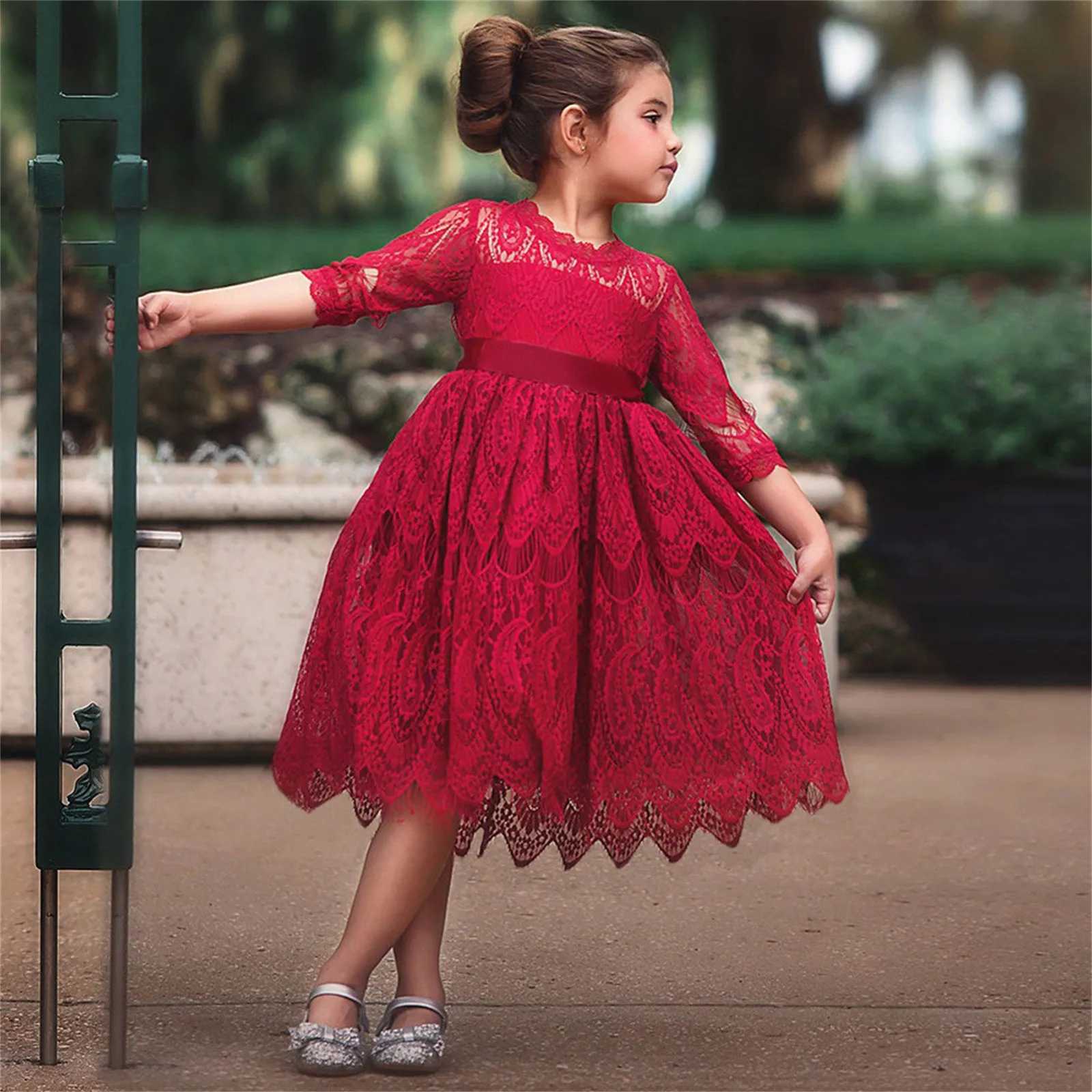 Clothing Lace Princess Dress Party Girl Flower Decoration Dress Preschool Bow Baby Girl Childrens Christmas Dress W240823