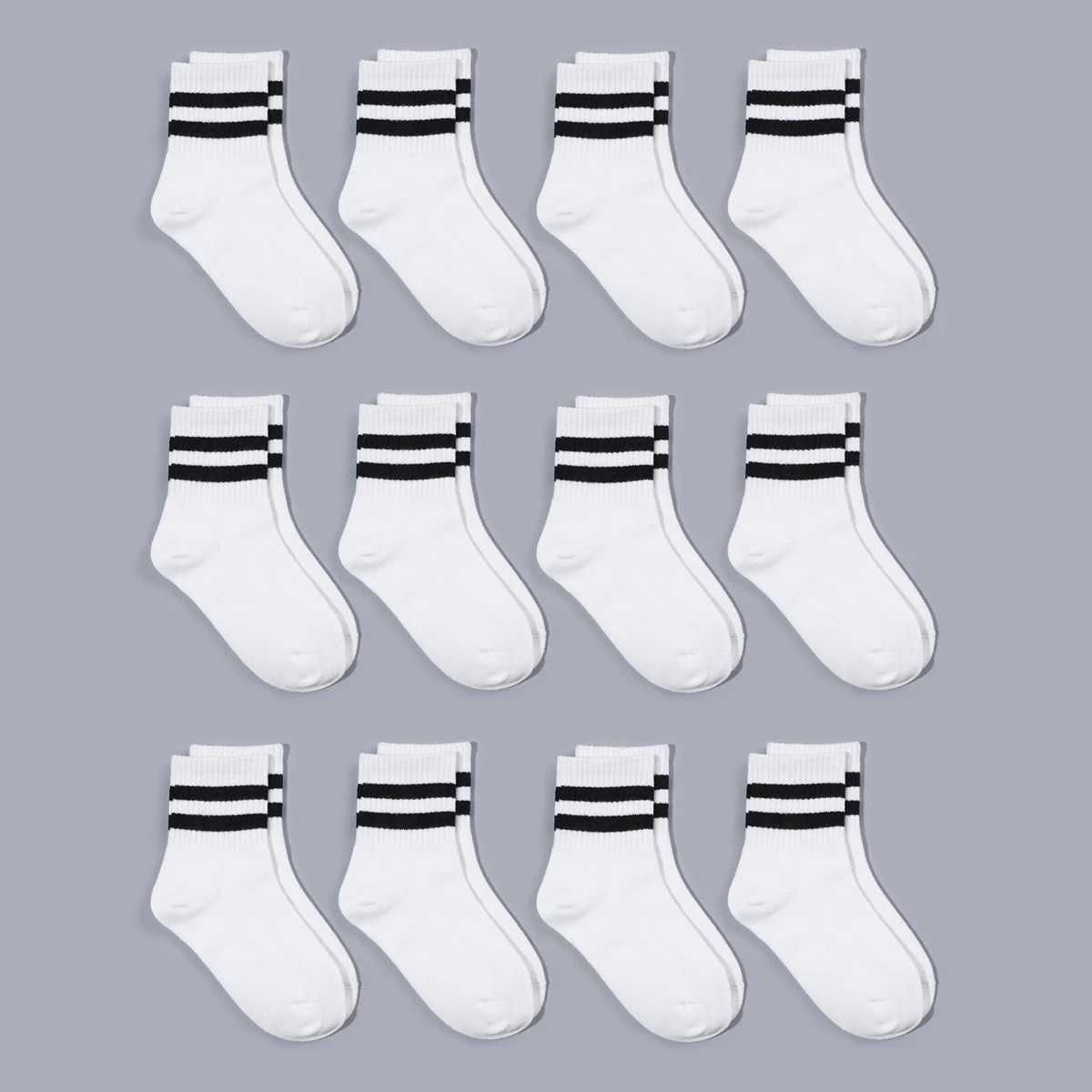 12 pairs of striped Preppy Crew childrens socks - unisex fashionable solid color striped pattern round neck socks CL240824