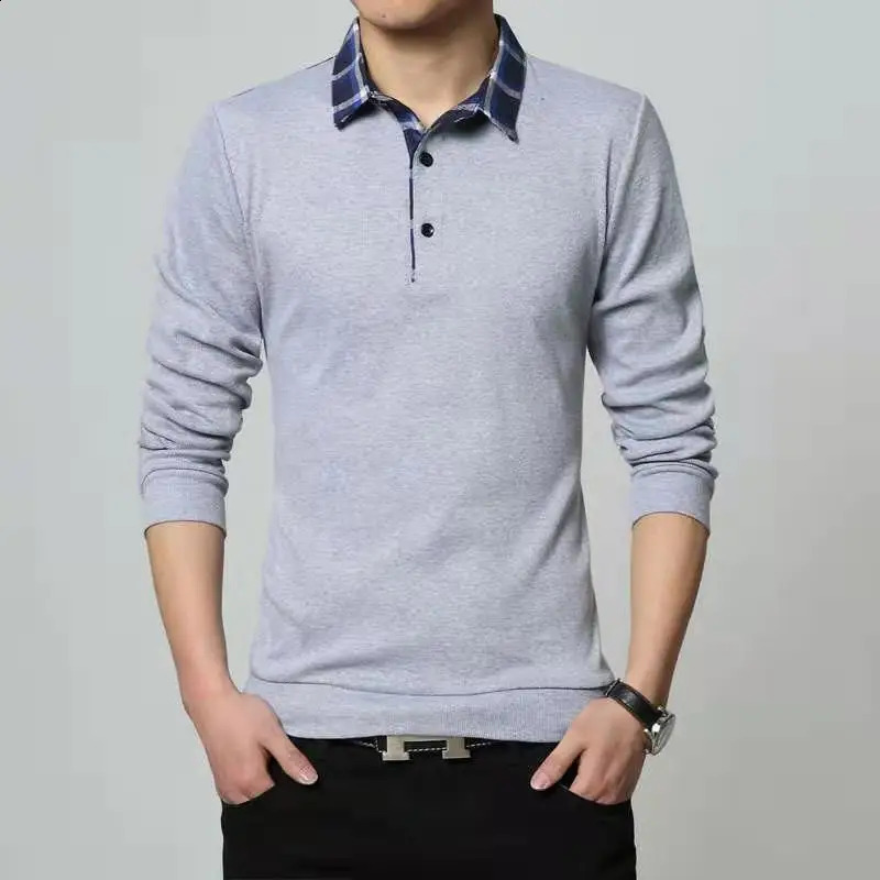 Spring Autumn Korean Business Casual Long Sleeve Polo Shirt Mens Lapel Print Button Patchwork Screw Thread Loose Cotton Tops 240824