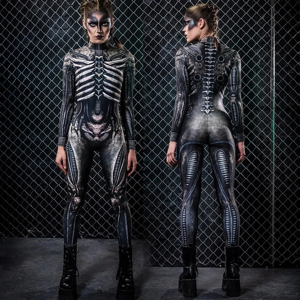 Horror cosplay skeleton jumpsuit Halloween costume ultra-thin Humen body female Zentai skeleton tight suit carnival dress up party 240824