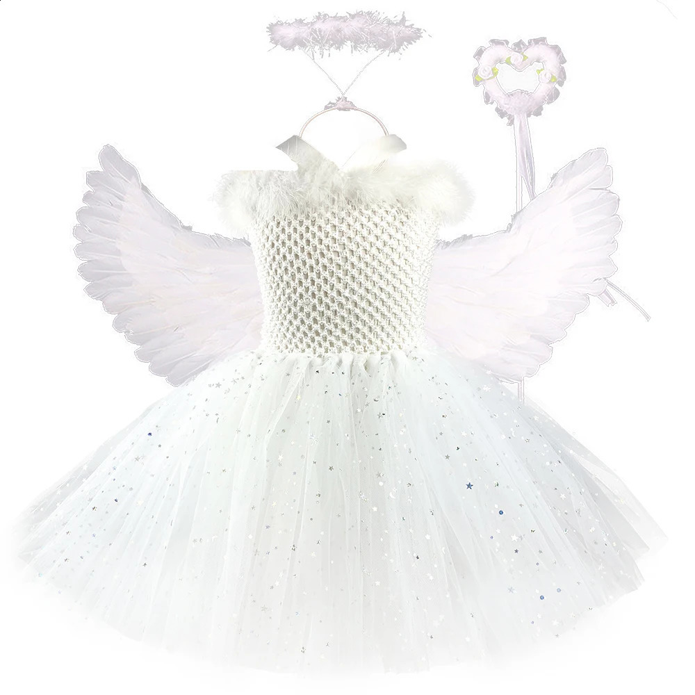 Sparkling angel dress childrens Christmas fairy costume white chiffon princess birthday party 240823