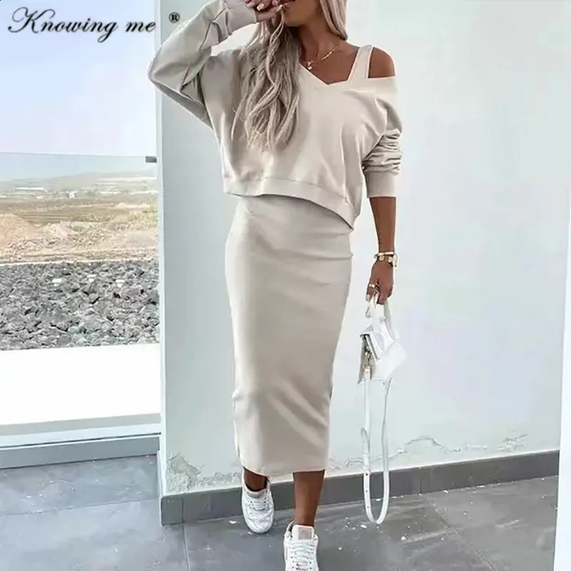 Women Autumn Two Piece Sets Dress Elegant Sexy V Neck Long Sleeve Sweatshirts And Long Dress Female solid color outfit set 240823