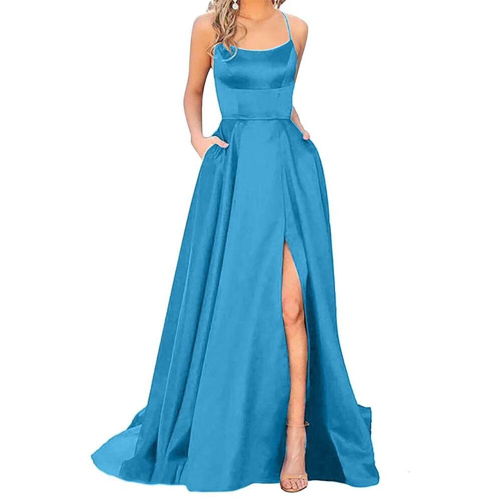 Prom Weddings Women Backless Long Dresses Satin Spaghetti Party Plus-Size Elegant Side Slit Formal Dress