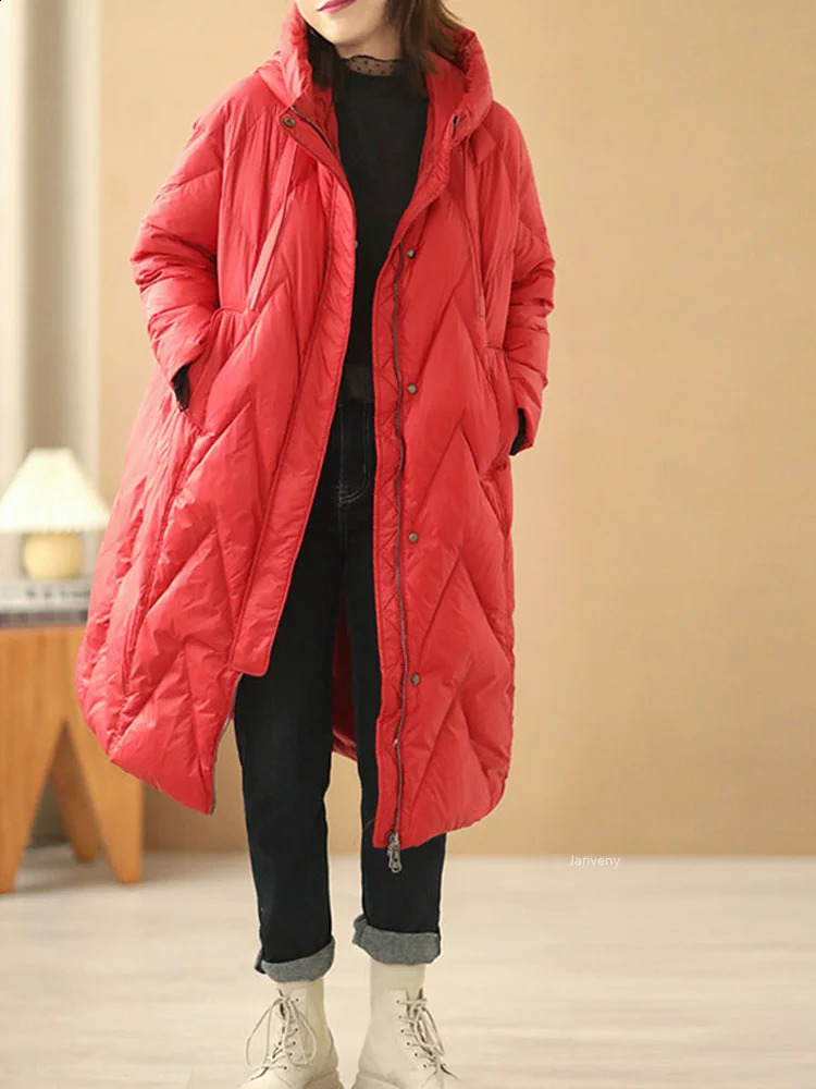 Janveny Women Loose Long Coat 90 White Duck Down Jacket Winter Female Overcoat Hooded Puffer Feather Parkas 251022