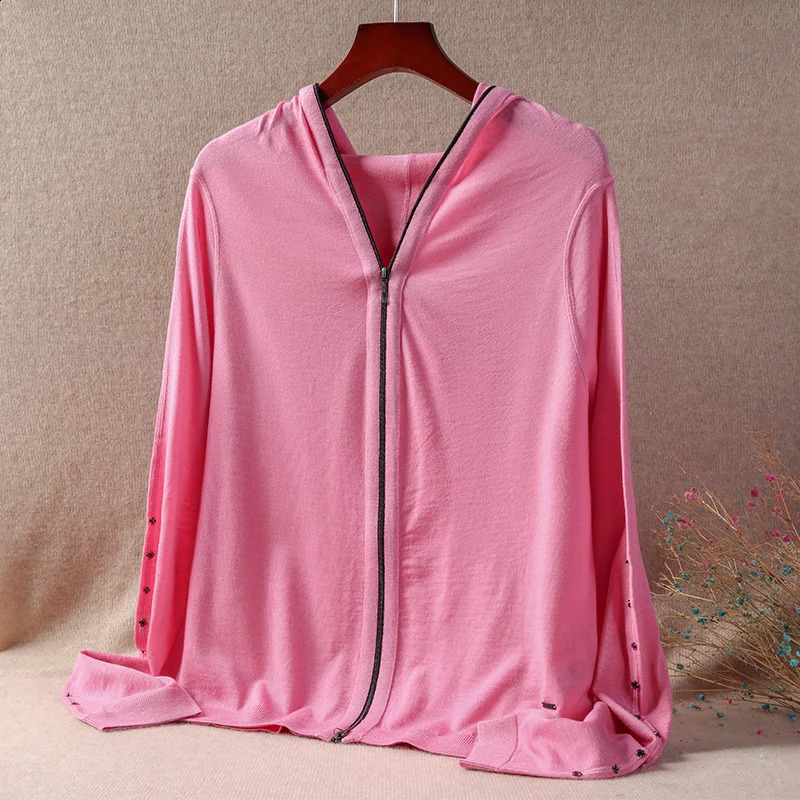 Superfine wool sweater womens thin worsted hooded zipper Merino hoodie cardigan knitted coat European goods explosion 240824