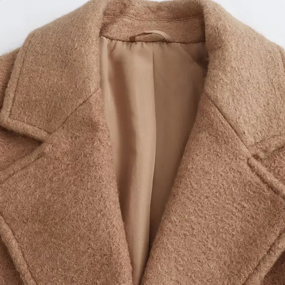 Womens autumn and winter thick long coat retro Vneck sleeved pocket jacket fashionable elegant womens 240823