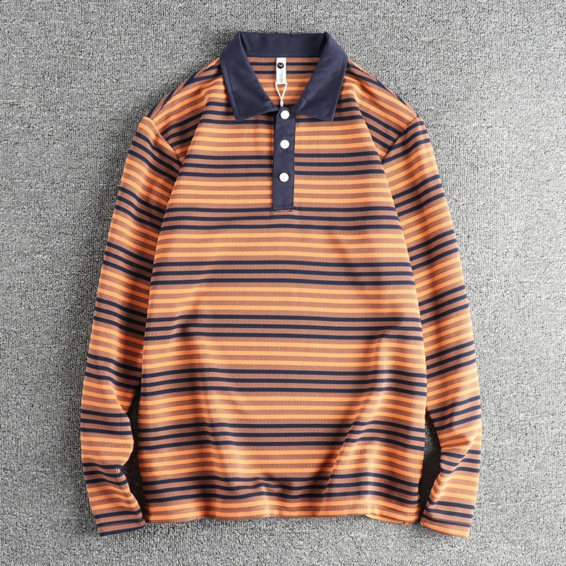 Spring Autumn American Retro Long Sleeve Lapel Knitted Striped Polo Shirt Mens British Fashion Loose Casual T-shirt 240824