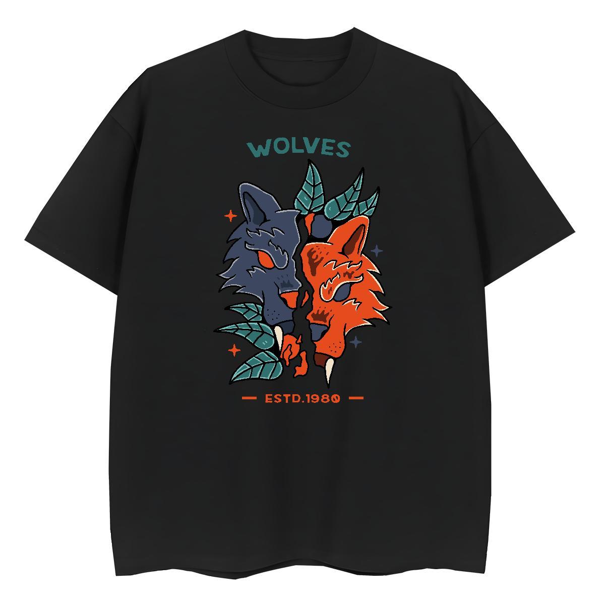 2024 Summer Men Tshirts wolf Spring Summer 100% Cotton 230g Clothings Crew Neck Breathable Loose Fit T shirt Plus Size Cartoon